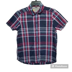 Eddie Bauer Travex Nylon Button Down Short Sleeved Plaid Shirt